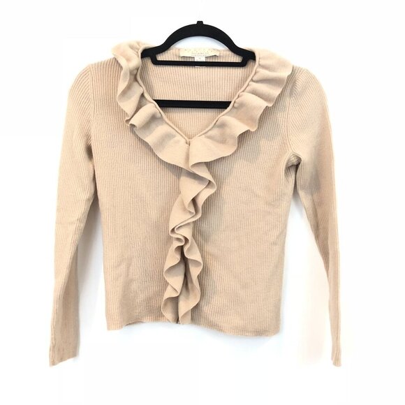 Belford Petites Beige Ruffle Trim V-Neck Cardigan PS 100% Extrafine Merino Wool - Picture 6 of 6